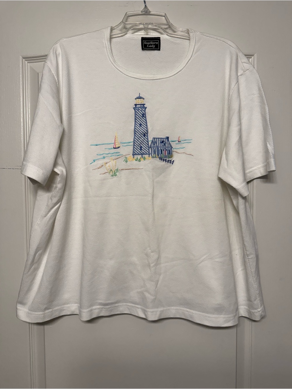Southern Lady White Lighthouse Embroidered Textured Knit Top Women’s Plus 2X